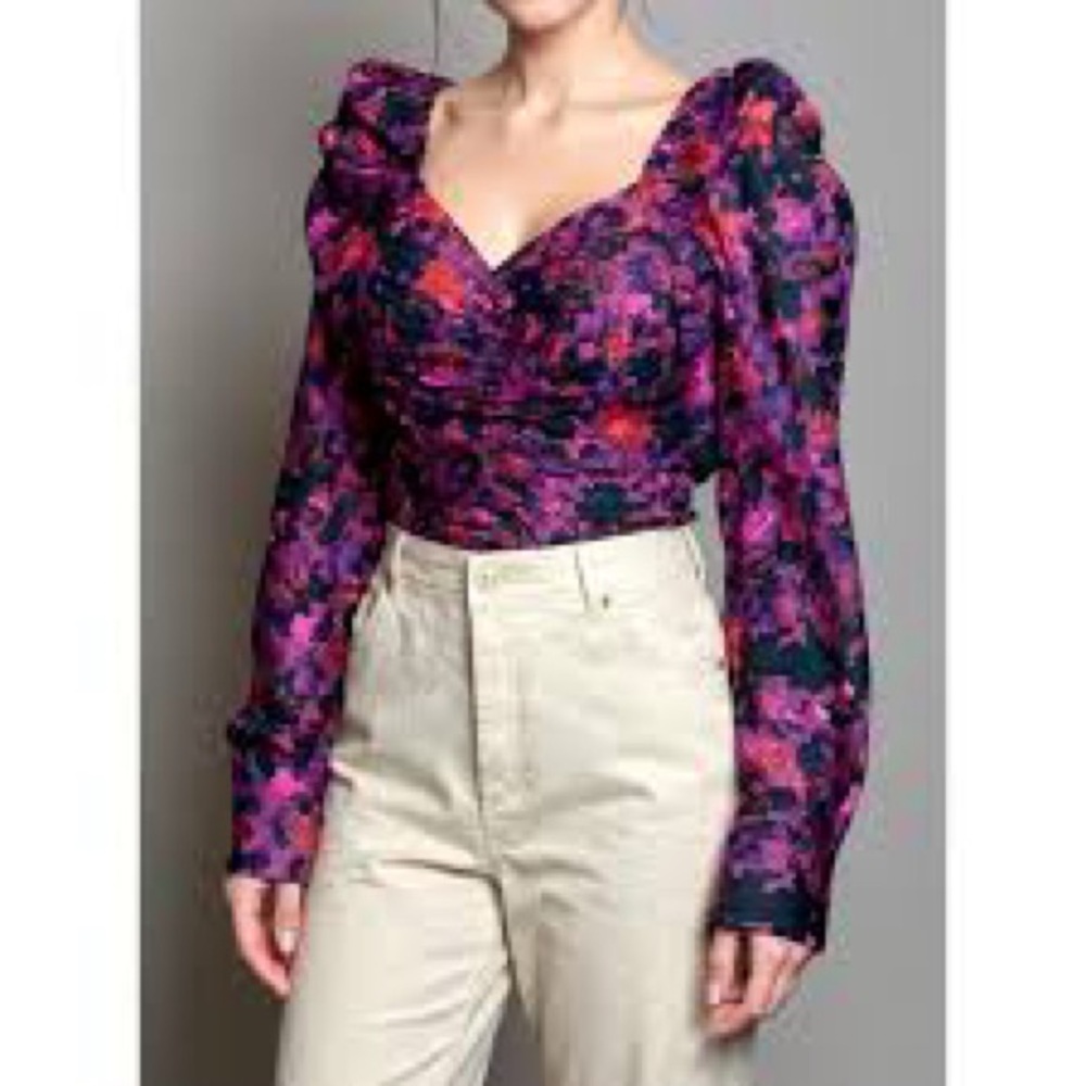 Anthropologie Samant Chauhan Blouse 2X Purple Floral Puff Square Ruched NWT